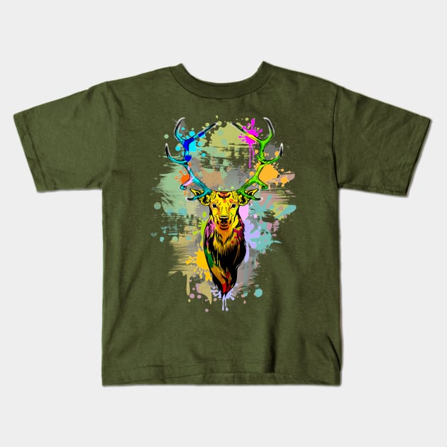 Deer PopArt Dripping Paint Kids T-Shirt by BluedarkArt